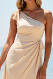 One Shoulder Sheath Apricot Bridesmaid Dress with Slit