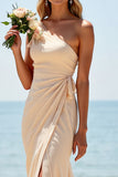 One Shoulder Sheath Apricot Bridesmaid Dress with Slit