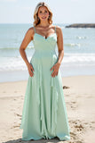 A Line Chiffon Mint Green Bridesmaid Dress with Ruffles