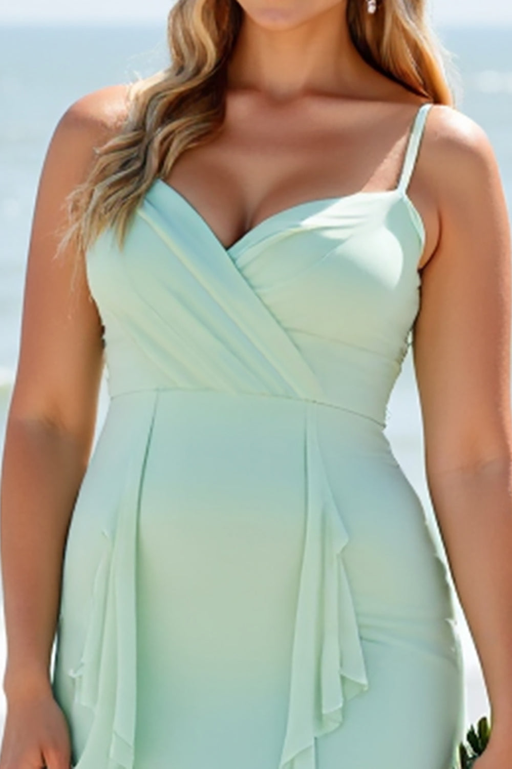 A Line Chiffon Mint Green Bridesmaid Dress with Ruffles