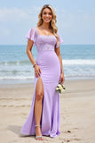 Sheath Flutter Sleeve Appliqued Lilac Bridesmaid Dress with Slit