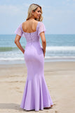 Sheath Flutter Sleeve Appliqued Lilac Bridesmaid Dress with Slit