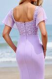 Sheath Flutter Sleeve Appliqued Lilac Bridesmaid Dress with Slit