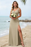 Olive Sheath Spaghetti Straps Bridesmaid Dress with Slit
