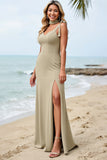 Olive Sheath Spaghetti Straps Bridesmaid Dress with Slit