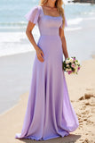 Lilac A Line Flutter Sleeve Chiffon Bridesmaid Dress with Beading