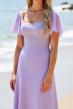 Lilac A Line Flutter Sleeve Chiffon Bridesmaid Dress with Beading