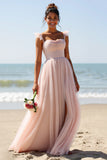 Spaghetti Straps A Line Candy Pink Bridesmaid Dress with Slit