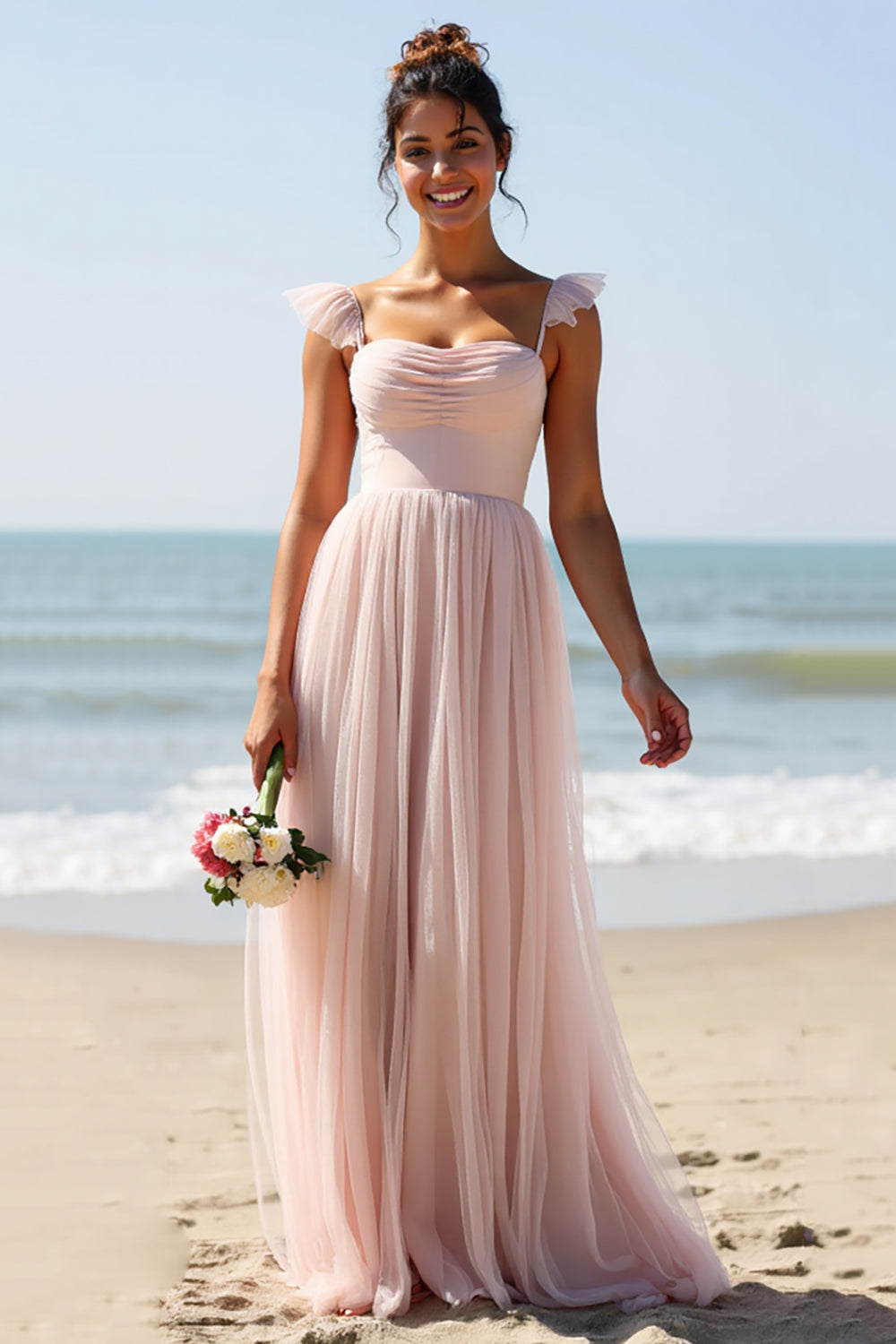 Spaghetti Straps A Line Candy Pink Bridesmaid Dress with Slit