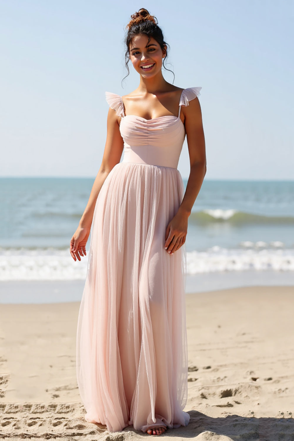 Spaghetti Straps A Line Candy Pink Bridesmaid Dress with Slit