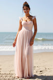 Spaghetti Straps A Line Candy Pink Bridesmaid Dress with Slit