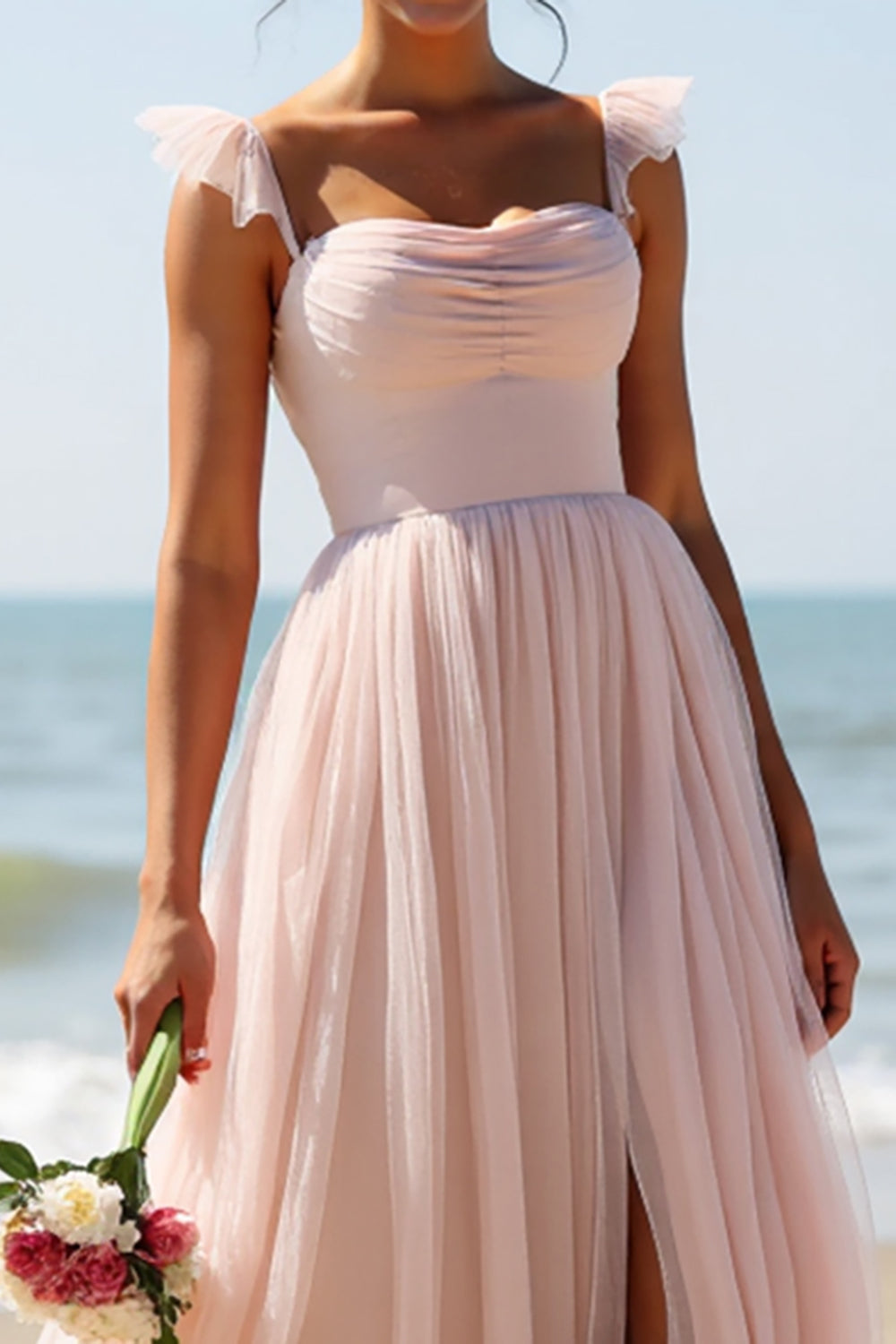 Spaghetti Straps A Line Candy Pink Bridesmaid Dress with Slit