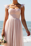 Spaghetti Straps A Line Candy Pink Bridesmaid Dress with Slit