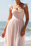 Spaghetti Straps A Line Candy Pink Bridesmaid Dress with Slit