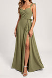 Chiffon A Line Spaghetti Straps Olive Bridesmaid Dress with Slit
