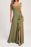Chiffon A Line Spaghetti Straps Olive Bridesmaid Dress with Slit