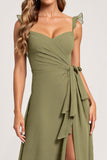 Chiffon A Line Spaghetti Straps Olive Bridesmaid Dress with Slit