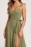 Chiffon A Line Spaghetti Straps Olive Bridesmaid Dress with Slit