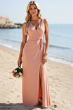V-Neck Sheath Blush Bridesmaid Dress with Slit