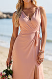 V-Neck Sheath Blush Bridesmaid Dress with Slit