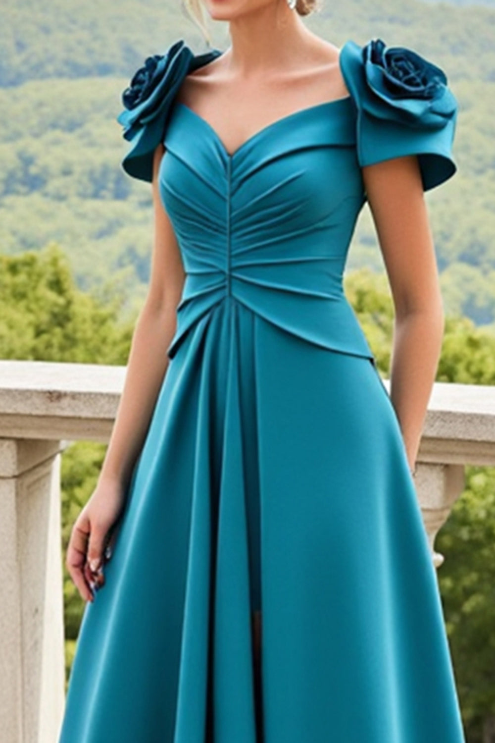Blue A Line Midi Mother of the Bride Dress with 3D Flowers