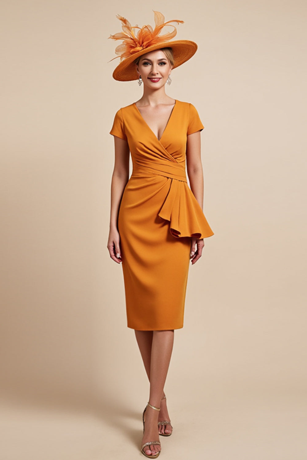 Orange Bodycon Midi Mother of the Bride Dress with Ruffles