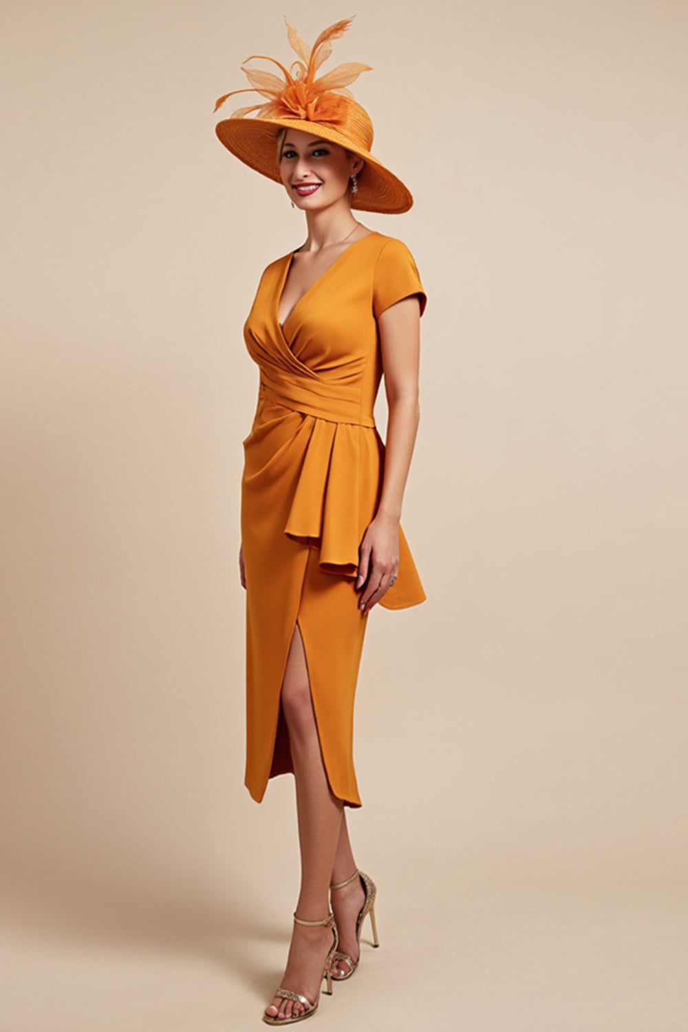 Orange Bodycon Midi Mother of the Bride Dress with Ruffles
