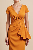 Orange Bodycon Midi Mother of the Bride Dress with Ruffles