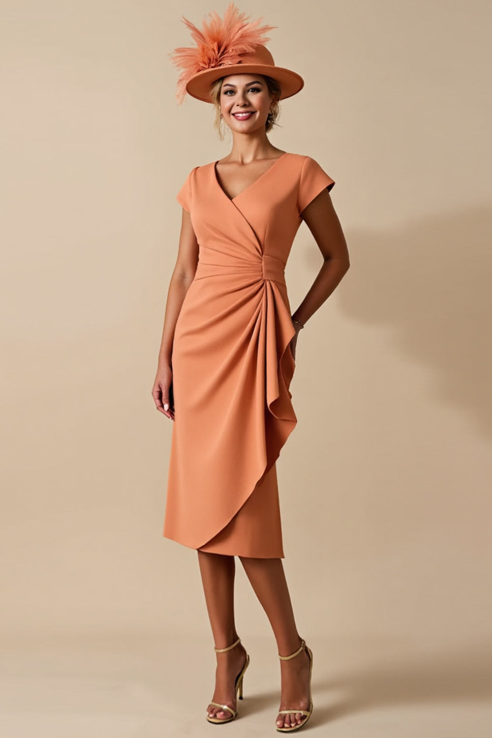 Orange Sheath Ruffled Midi Mother of the Bride Dress