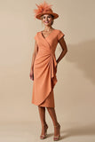 Orange Sheath Ruffled Midi Mother of the Bride Dress