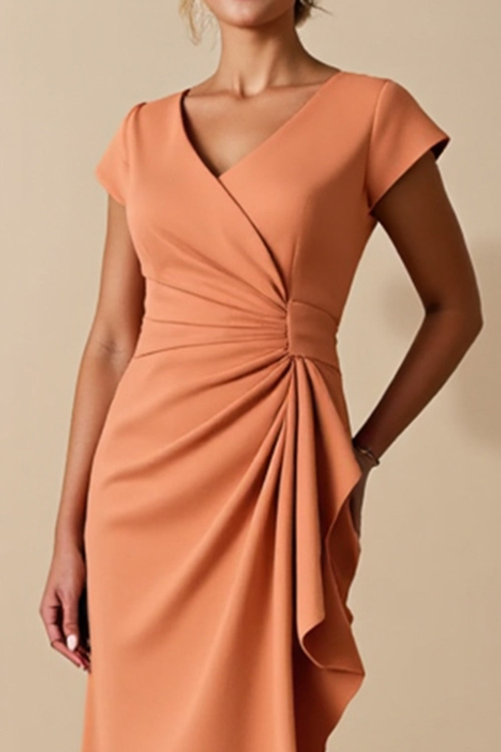 Orange Sheath Ruffled Midi Mother of the Bride Dress