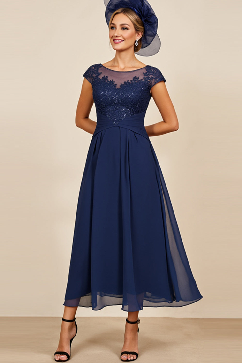 Navy Chiffon Midi Mother of the Bride Dress with Appliques