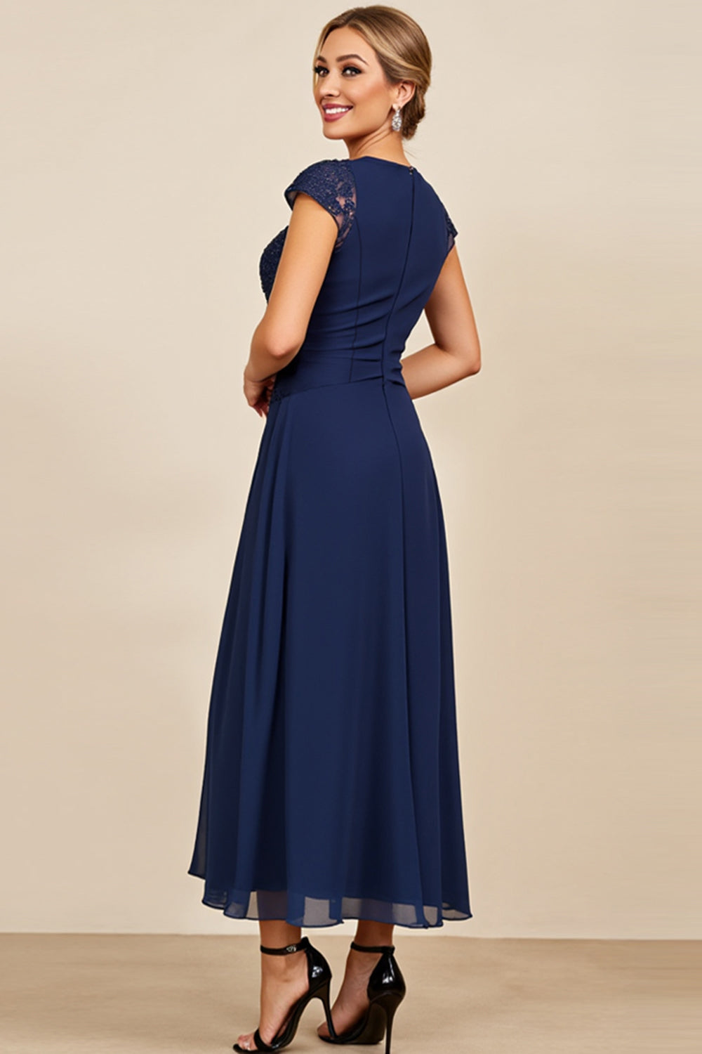 Navy Chiffon Midi Mother of the Bride Dress with Appliques