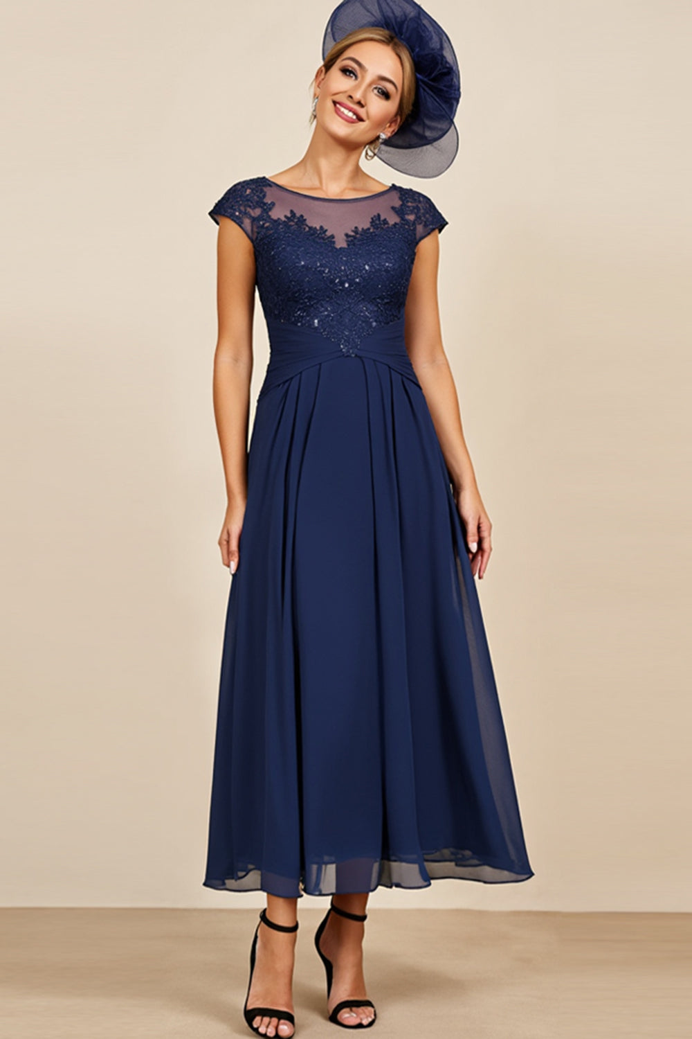 Navy Chiffon Midi Mother of the Bride Dress with Appliques