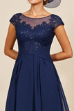 Navy Chiffon Midi Mother of the Bride Dress with Appliques