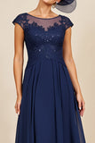 Navy Chiffon Midi Mother of the Bride Dress with Appliques