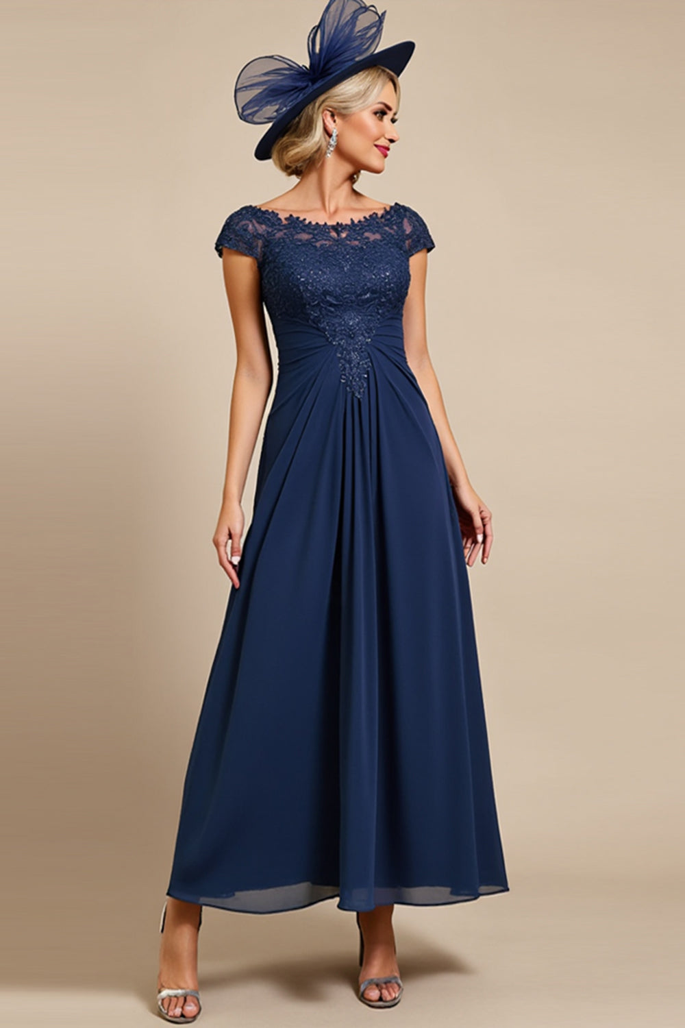 Chiffon Navy Midi Mother of the Bride Dress with Appliques