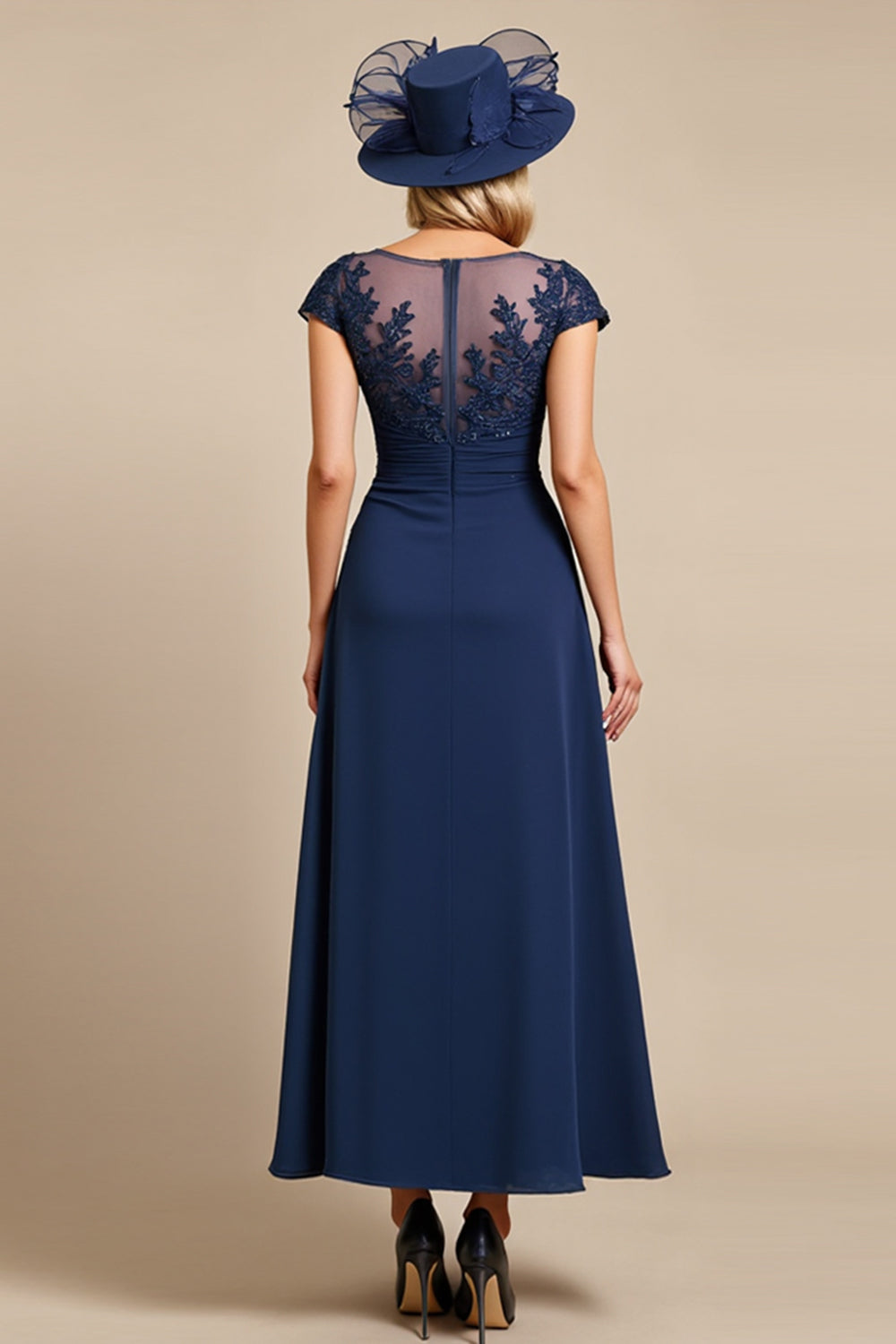 Chiffon Navy Midi Mother of the Bride Dress with Appliques