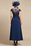 Chiffon Navy Midi Mother of the Bride Dress with Appliques
