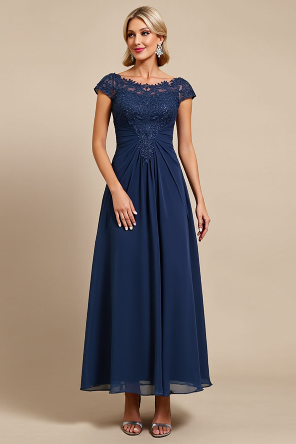 Chiffon Navy Midi Mother of the Bride Dress with Appliques