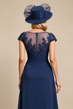 Chiffon Navy Midi Mother of the Bride Dress with Appliques