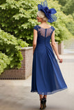 Navy A Line Midi Mother of the Bride Dress with Appliques