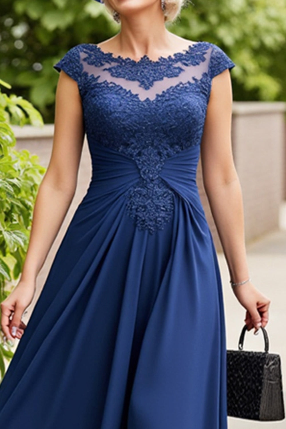 Navy A Line Midi Mother of the Bride Dress with Appliques