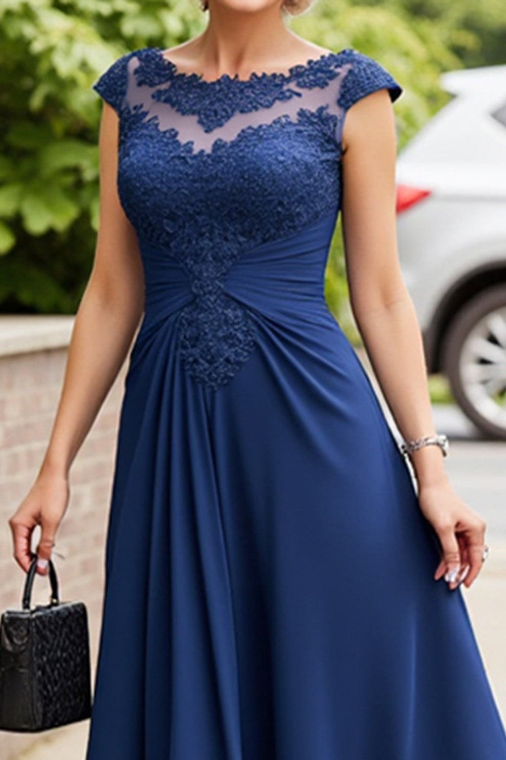 Navy A Line Midi Mother of the Bride Dress with Appliques
