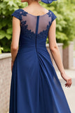 Navy A Line Midi Mother of the Bride Dress with Appliques