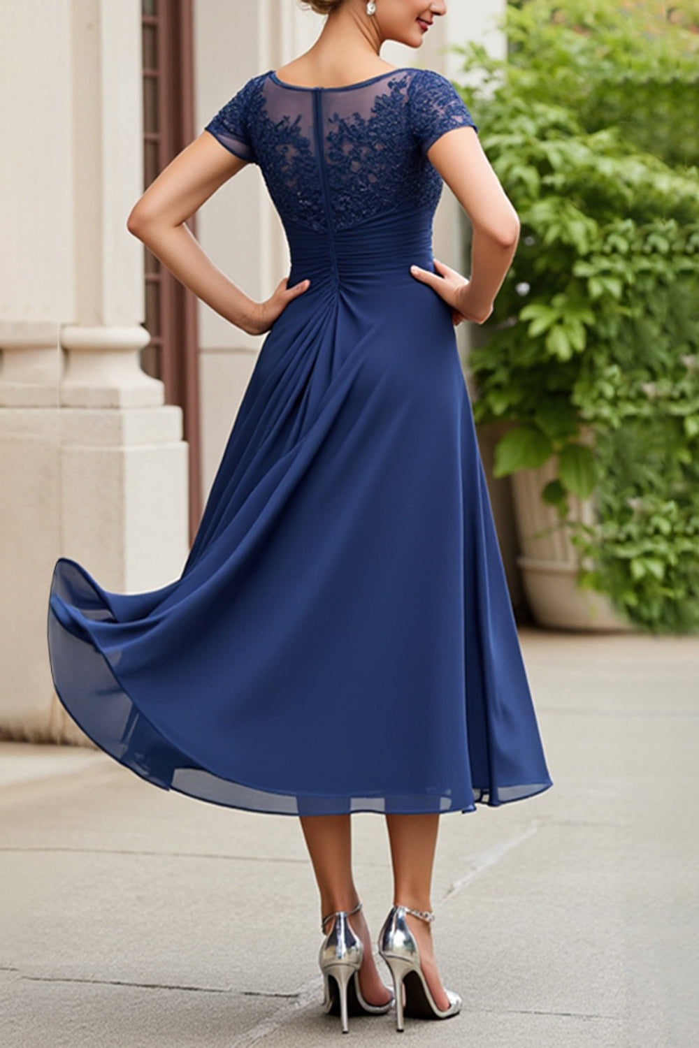 Navy A Line Mother of the Bride Dress with Cap Sleeves