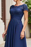 Navy A Line Mother of the Bride Dress with Cap Sleeves
