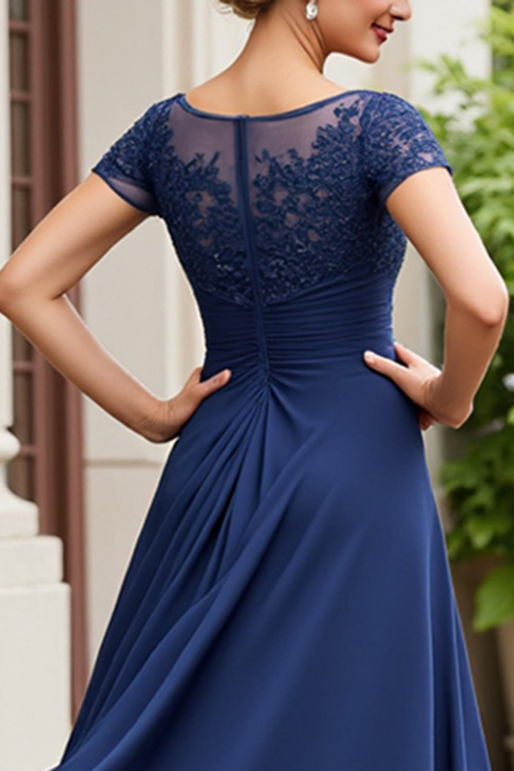 Navy A Line Mother of the Bride Dress with Cap Sleeves