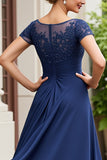 Navy A Line Mother of the Bride Dress with Cap Sleeves
