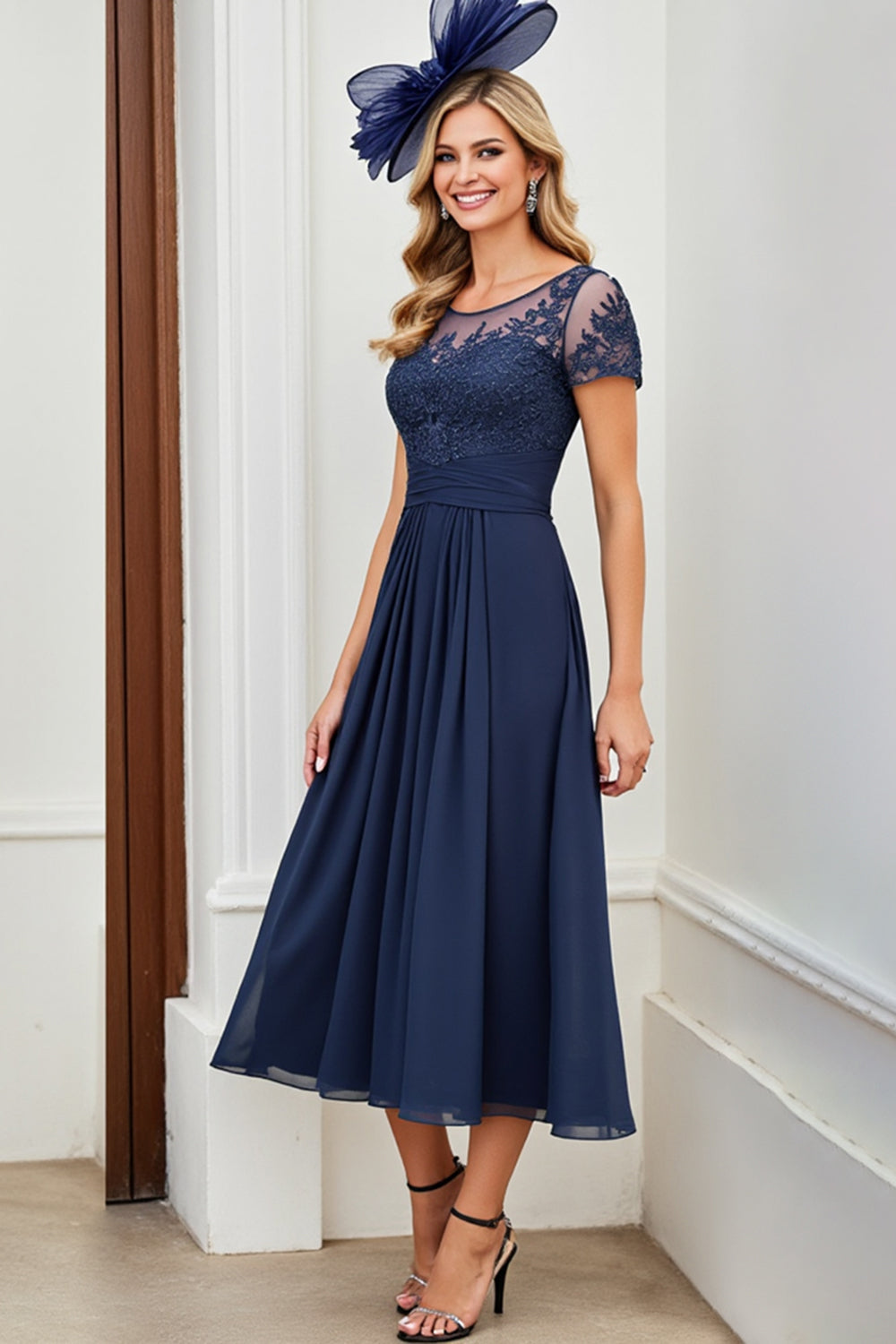 Chiffon Navy A Line Mother of the Bride Dress with Appliques